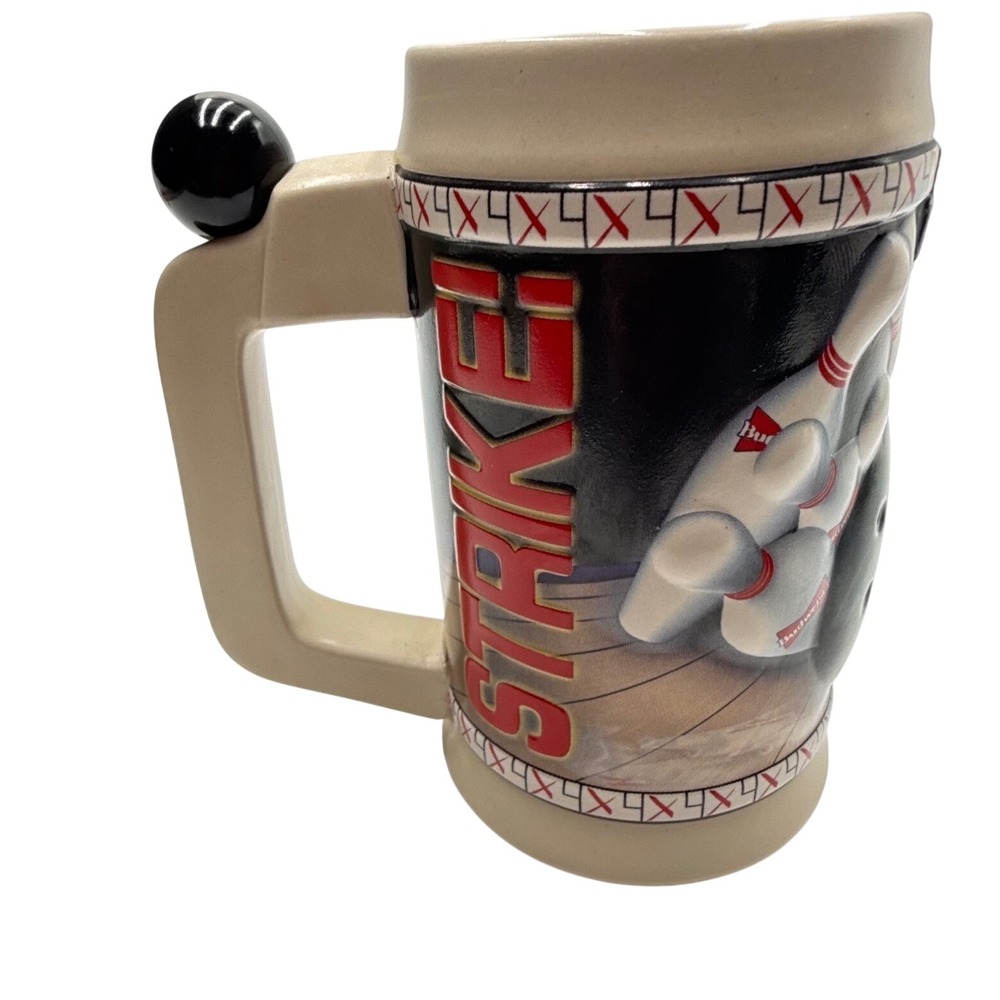 Budweiser Strike Bowling Beer Stein 1996 CS288 Ceramarte Brazil Handcrafted 7"